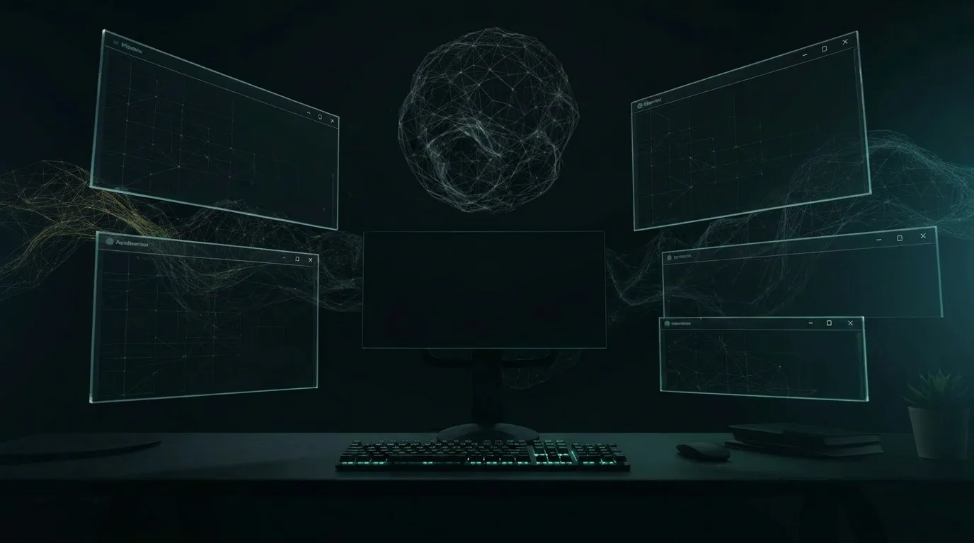Developer workspace with floating code panels